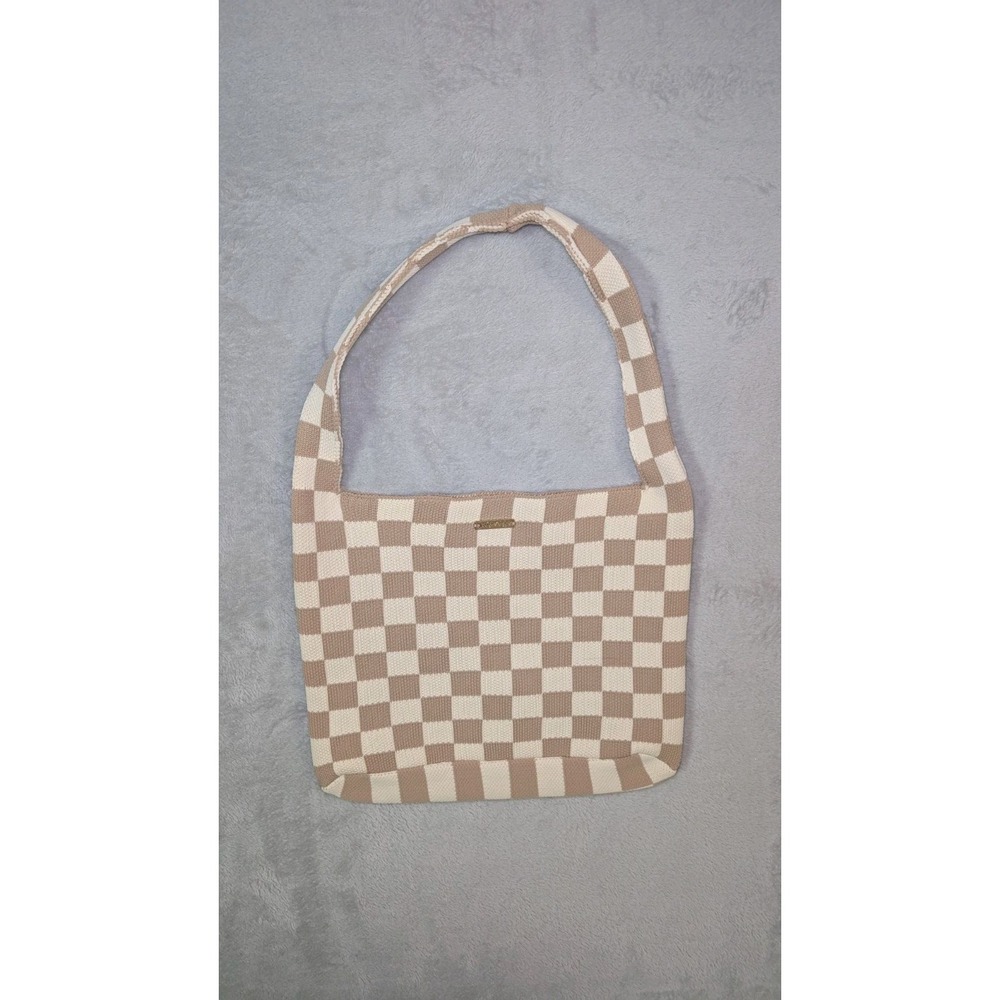 Kopari Womens Check Print Snapped Buttoned Textured Shoulder Handbag Beige